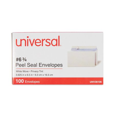 UNIVERSAL Peel Seal Strip Business Envelope, #6 3/4, Square Flap, Self-Adhesive Closure, 3.63x6.5, Wht, 100PK UNV36106
